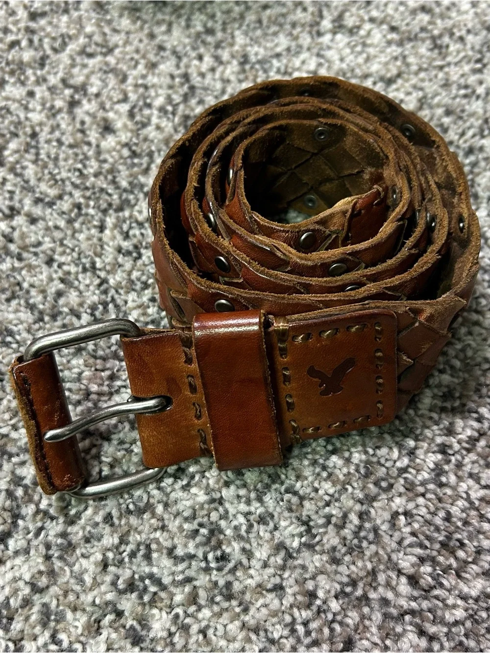 American Eagle Leather Belt Mens Small Med Dark Brown Patina Studded Woven Y2K